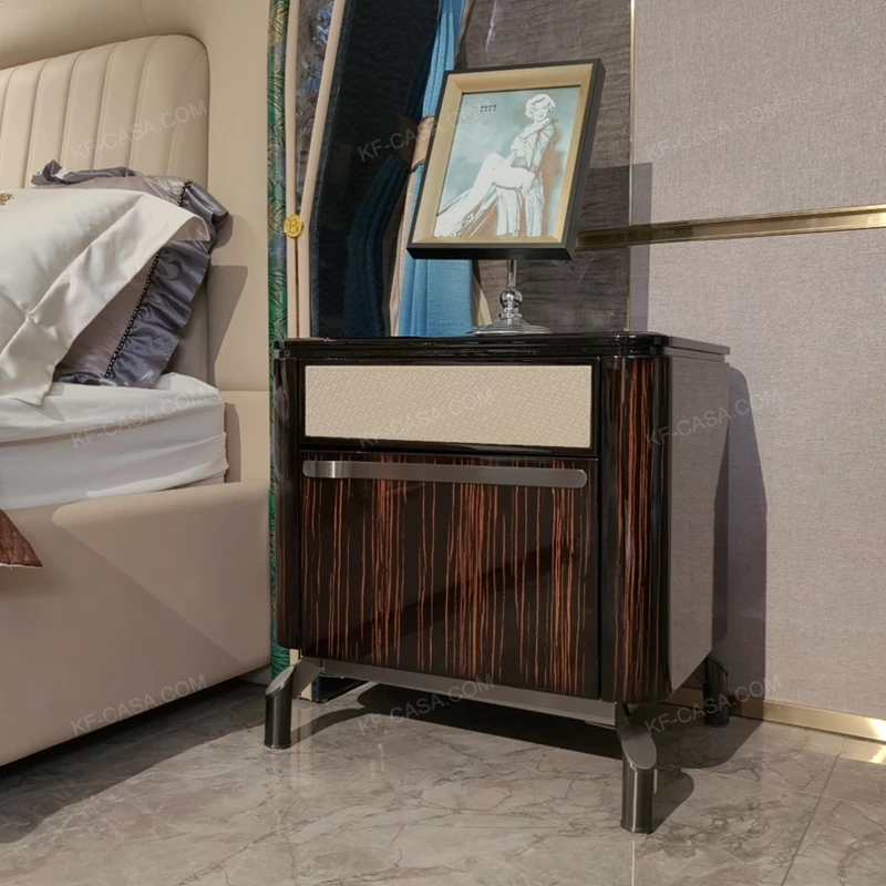 Striped Natural Wood Veneer Nightstand with Woven Leather Accents